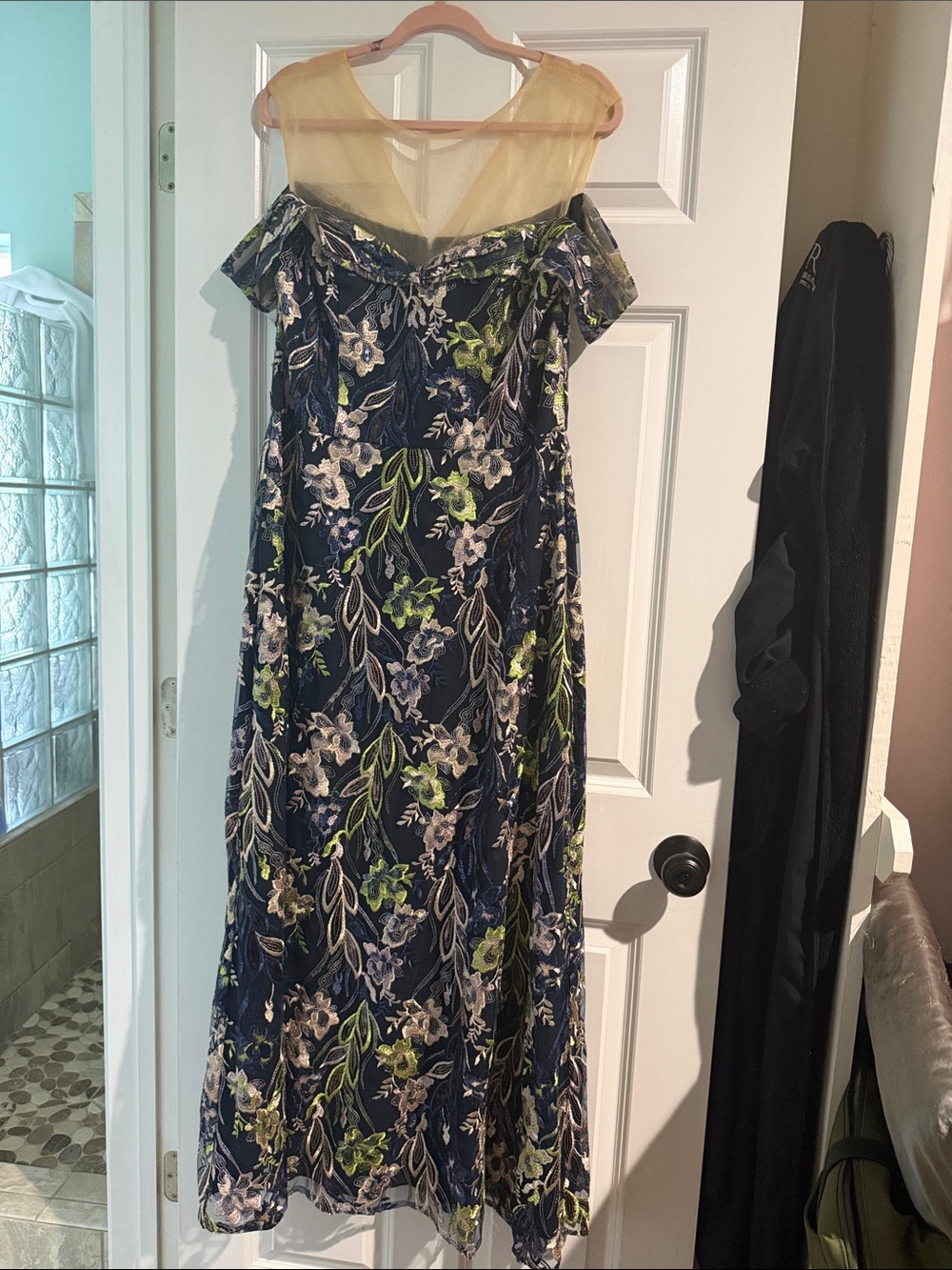 JS Collections Navy Floral Off-Shoulder Dress with Yellow Mesh Yoke